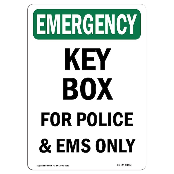 Safety Sign, OSHA EMERGENCY, 5" Height, Key Box For Police And EMS Only, Portrait, 10PK
